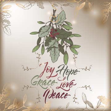 Vintage Christmas card with color mistletoe branch and brush lettering holiday wishes.