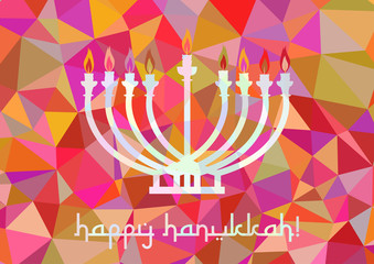 Postcard for greetings with Festival of Lights, Feast of Dedication Hanukkah. Menorah with candles on pink polygonal background. Vector illustration