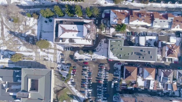 Aerial Small Snowy Sunny Town Troyan-Bulgaria