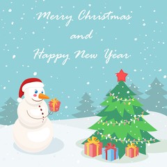 happy christmas and new year, greeting christmas card with cute snowman