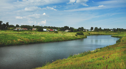 Fototapeta na wymiar Russian countryside landscape.Summer scene with river.Tula region,Russia.Village.