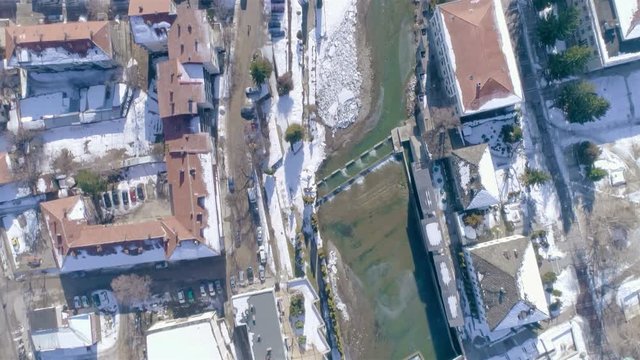 Aerial Small Snowy Sunny Town Troyan-Bulgaria