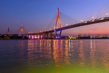 Fototapeta na wymiar Beautiful Big Bhumibol Bridge / Big Suspension bridge in Sunset time 