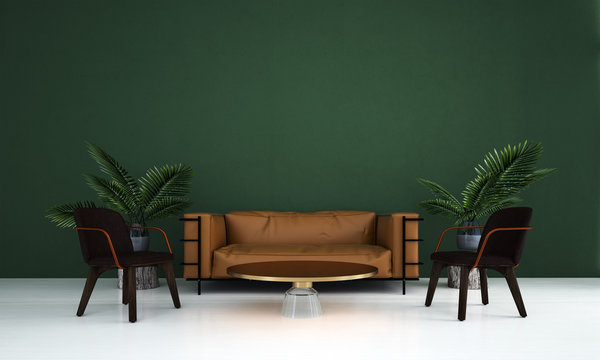 The minimal living room interiors design and green wall background / 3d rendering new model