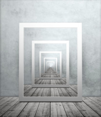 Endless repeating image of picture frame in room with wooden floor and textured wallpaper, droste...