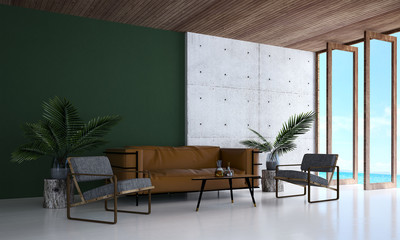 The minimal living room interiors design and concrete wall background and sea view / 3d rendering new model