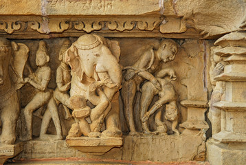 India Khajuraho temple erotic sculptures detail