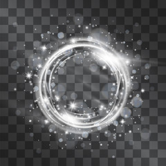 Light effect with silver circle frame with glowing tail of shining stardust sparkles, cold illumination. Glistening blizzard energy ring flows in motion. Luxurious design element.