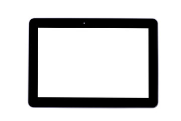 Black tablet on white background.