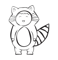 child in a raccoon suit, cheerful cartoon character, black and white sticker, vector image, flat design,outline style