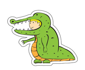 child in a crocodile costume, green reptile, cheerful cartoon character, vector image, flat design, colorful sticker