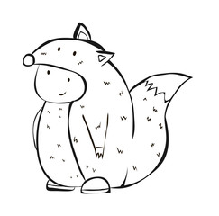 child in fox costume, plump character, vector image, flat design,outline style,black and white picture