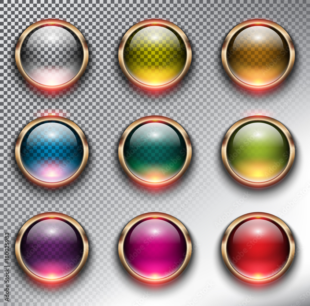 Wall mural abstract metallic web buttons set of 9. round glass web icons with bronze frame. isolated with reali