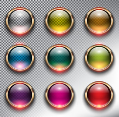 Abstract metallic web buttons set of 9. Round glass web icons with bronze frame. Isolated with realistic, transparent glass shine and shadow on the dark background. Vector illustration. Eps10.
