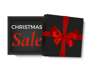 Fototapeta na wymiar Christmas sale design. Opened black realistic 3d gift box with red ribbon and bow isolated on white background. Poster, card or brochure template. Vector illustration.