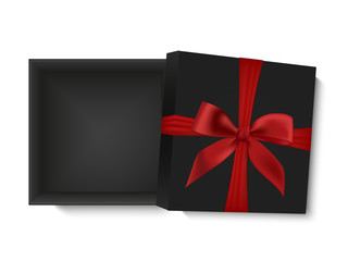 Blank opened gift box with red ribbon and a bow, isolated on white background, vector illustration. Poster, card or brochure template.