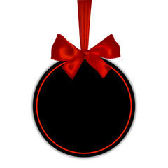 Black empty round gift card template with red ribbon and a bow, isolated on white background, vector illustration.