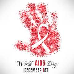 Shape of hand from red shiny glitter with ribbon inside on white background. World AIDS day in December 1. Vector illustration
