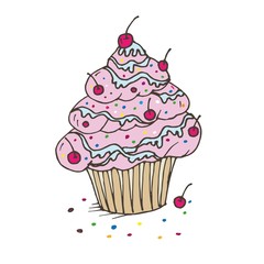 Doodle cupcake with cream and cherry