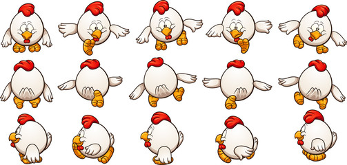 Cartoon chicken sprites ready for animation. Vector clip art illustration with simple gradients. Each element on a separate layer.