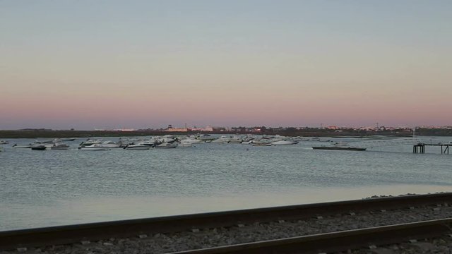 Sunrise on Ria Formosa view of Faro airport.
