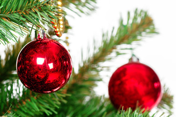 Christmas tree with ornaments, close-up