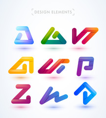 Vector abstract logo elements set. Big collection of origami paper ribbon shapes for corporate identity and company sign. Material design, flat and line-art style.