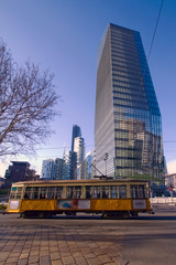 Fototapeta na wymiar Milano, Tram, Grattacielo, Lombardia, Italia, Streetcar and Skyscraper in Milan, Italy