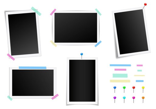 Creative vector illustration set of square photo frame with shadows isolated on background. Retro art design. Realistic mockups. Color adhesive tapes, push pins. Abstract concept graphic element