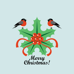 Christmas card. Cartoon bullfinch and holly. Vector illustration