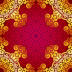 Rich gold seamless pattern in the Indian style. Bohemian background with mandalas. Royal red and gold ornament. Unique template for design or backdrop