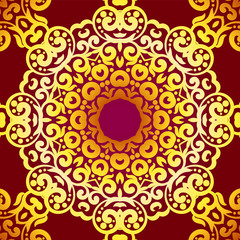 Fototapeta na wymiar Rich gold invitation card in the Indian style. Bohemian Cards with mandalas. Royal red and gold ornament. Unique template for design or backdrop