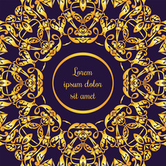 Gold ornamental card with antique, luxury violet background and vintage frame, victorian banner, baroque style booklet, fashion pattern, template for design