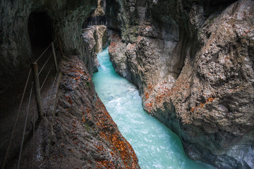 Gorge or ravine - deep valley with straight sides. Partnachklamm in Garmisch-Partenkirchen, Germany.