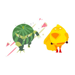 Funny watermelon and lemon fruit hero, superhero character set, flat style cartoon vector illustrations isolated on white background. Ninja watermelon and superhero lemon characters in mask and cape © sabelskaya