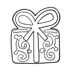 Glazed present, gift box shaped homemade Christmas gingerbread cookie, sketch style vector illustration isolated on white background. black and white gingerbread cookie in shape of present, gift box