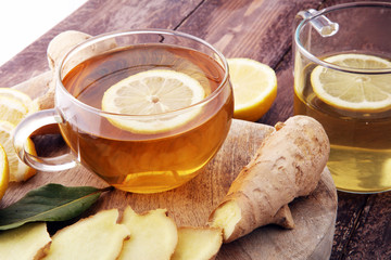 Ginger tea in a glass for flu cold winter days.