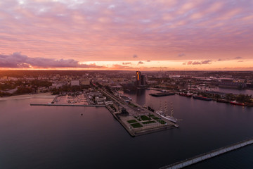 Port of Gdynia at sunset, top view