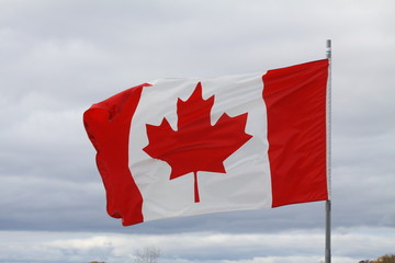Flag of Canada gently waving in a light breeze against clouds and blue sky.  