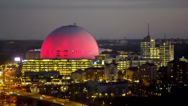 The Globe Arena in Stockholm, Sweden at dusk