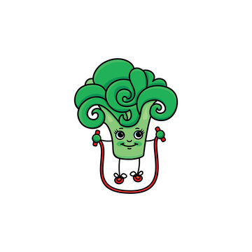 vector flat sketch green fresh broccoli brussels sprout character with eyes, hands and legs jumping on skipping rope. Isolated illustration white background. Healthy eating dieting and sport lifestyle
