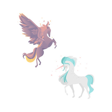 vector flat cartoon mythical animals set. Rearing pegasus fairy fictional horse with eagle wings with rich plumage, feathering and elegant unicorn. Isolated illustration on a white background.