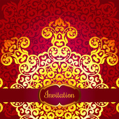 Rich gold invitation card in the Indian style. Bohemian Cards with mandalas. Royal red and gold ornament. Unique template for design or backdrop