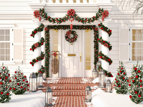 christmas decorated porch with little trees and lanterns. 3d rendering