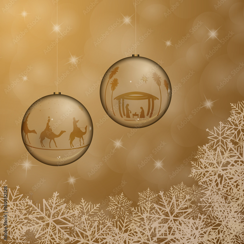 Wall mural christmas time. christmas bowls with nativity scene and three kings in christmas landscape.