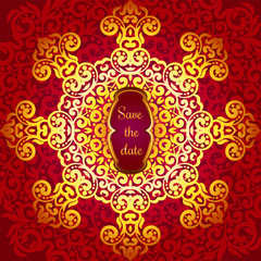 Rich gold invitation card in the Indian style. Bohemian Cards with mandalas. Royal red and gold ornament. Unique template for design or backdrop