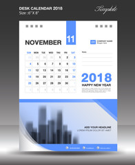 NOVEMBER Desk calendar 2018 year Size 6x8 inch vertical, Blue template design