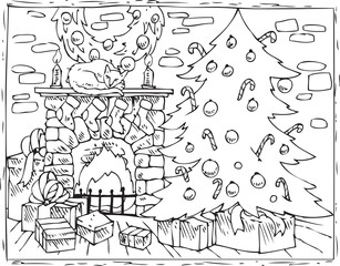 Coloring Book Christmas Tree, Fireplace and Gifts