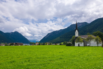 Hiking on a clouded day at Lake Achen (Achensee), Achen Valley,  Karwendel and Brandenberg Alps, Tyrol, Austria, Europe