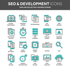 Seo and app development. Search engine optimization. Internet, e-commerce.Thin line blue web icon set. Outline icons collection. Vector illustration.